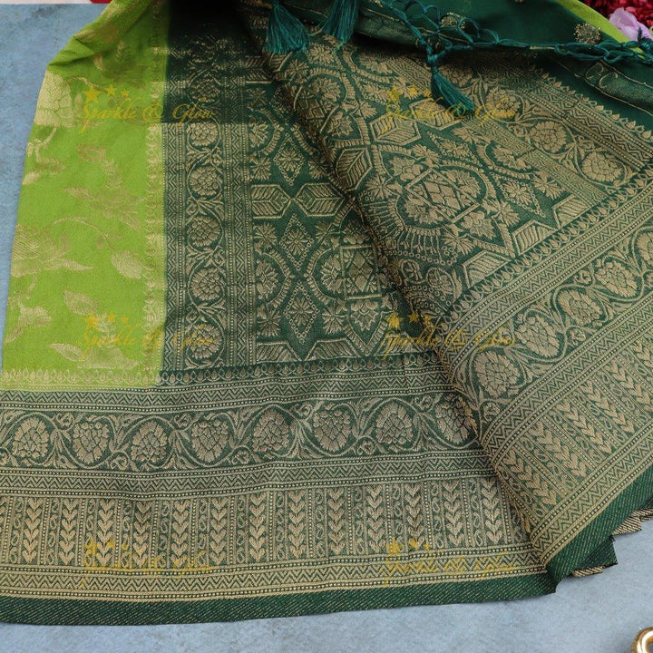 Parrot Green Banarasi Silk Saree with Dark Green Zari Border - Sparkle and Glow