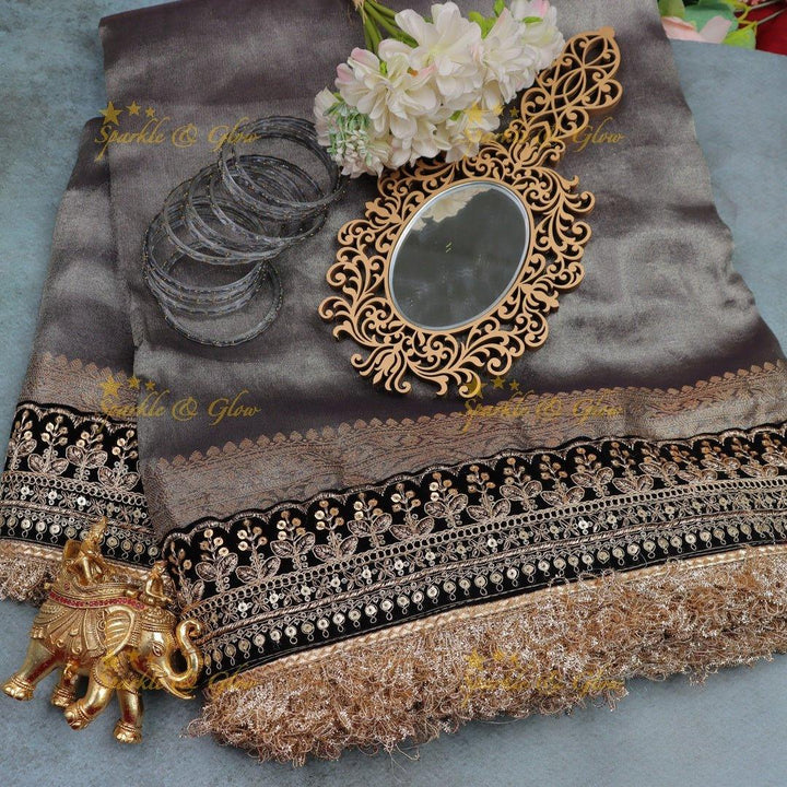 Smoky Grey Satin Silk Saree with Velvet Embroidered Border & Fringe Detailing - Sparkle and Glow