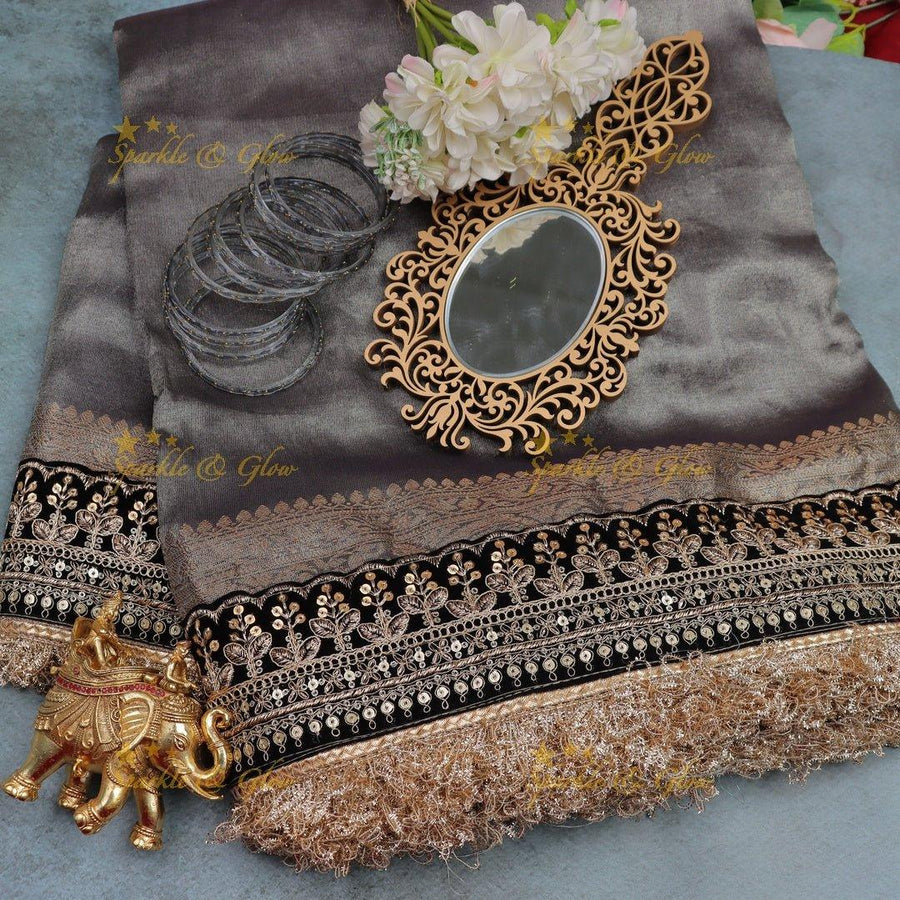 Smoky Grey Satin Silk Saree with Velvet Embroidered Border & Fringe Detailing - Sparkle and Glow