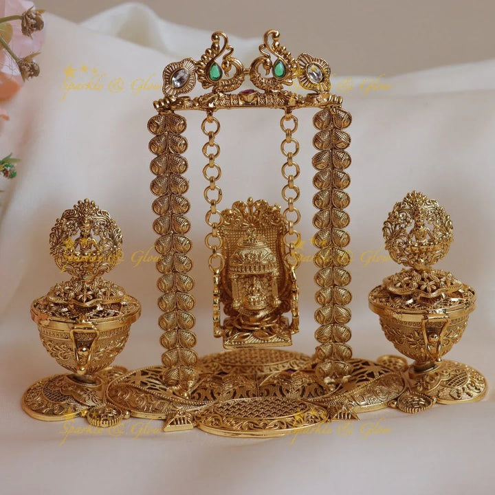 Grand Peacock design Idol Lakshmi on swing Kumkum box - Sparkle and Glow