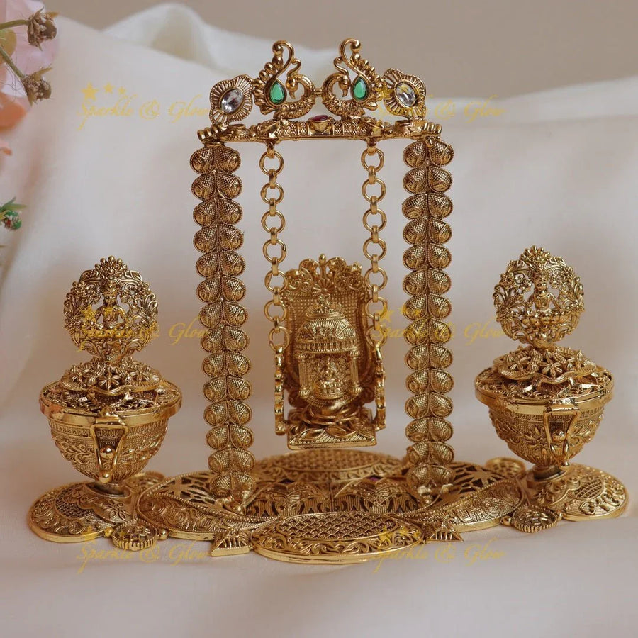 Grand Peacock design Idol Lakshmi on swing Kumkum box - Sparkle and Glow