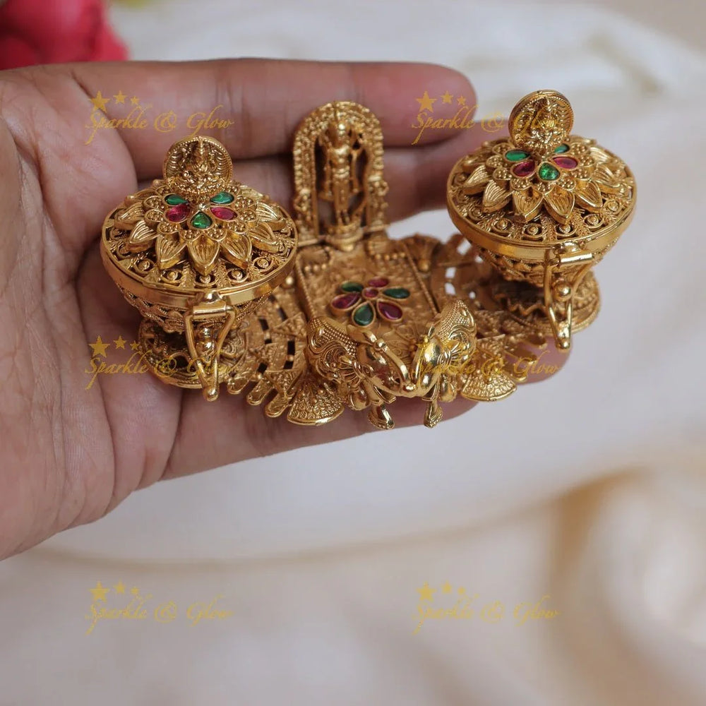 Stunning Dual tone Lakshmi and Elephant carved Lord Vishnu Kumkum box - Sparkle and Glow