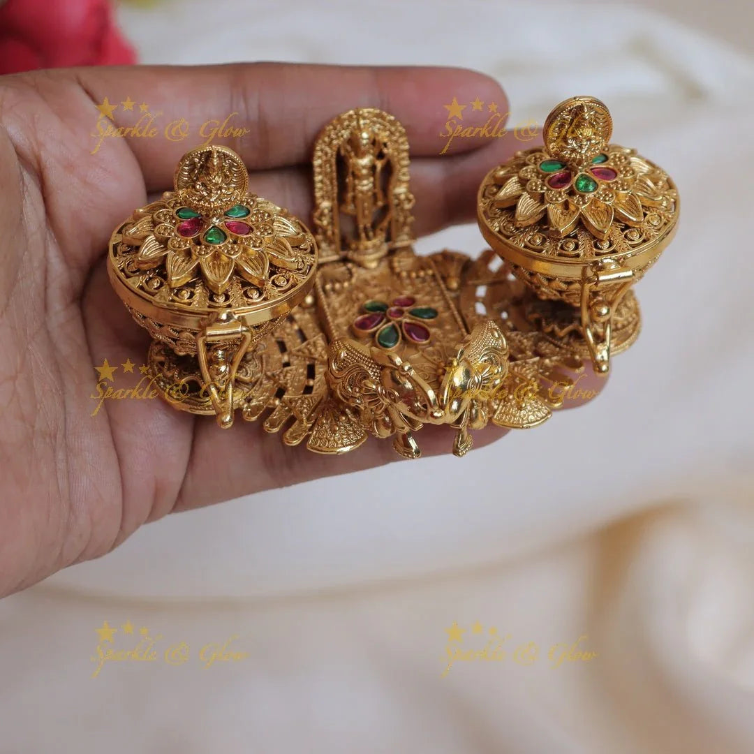 Stunning Dual tone Lakshmi and Elephant carved Lord Vishnu Kumkum box - Sparkle and Glow