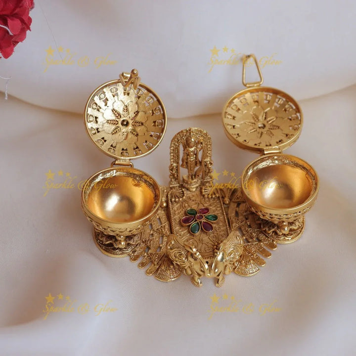 Stunning Dual tone Lakshmi and Elephant carved Lord Vishnu Kumkum box - Sparkle and Glow