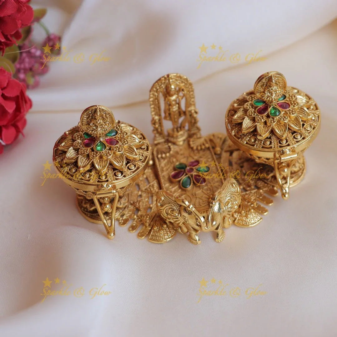 Stunning Dual tone Lakshmi and Elephant carved Lord Vishnu Kumkum box - Sparkle and Glow