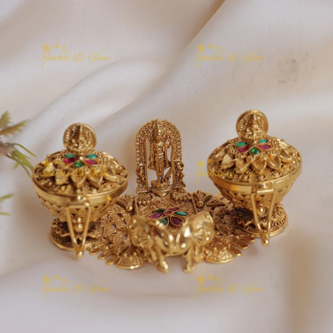Stunning Dual tone Lakshmi and Elephant carved Lord Vishnu Kumkum box - Sparkle and Glow