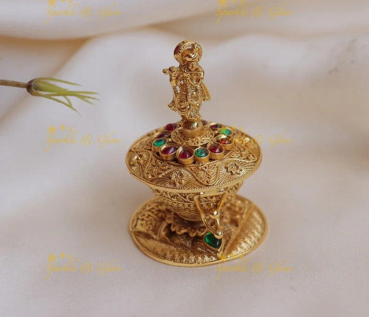 Beautiful Idol Krishna Playing Flute design Kumkum box - Sparkle and Glow