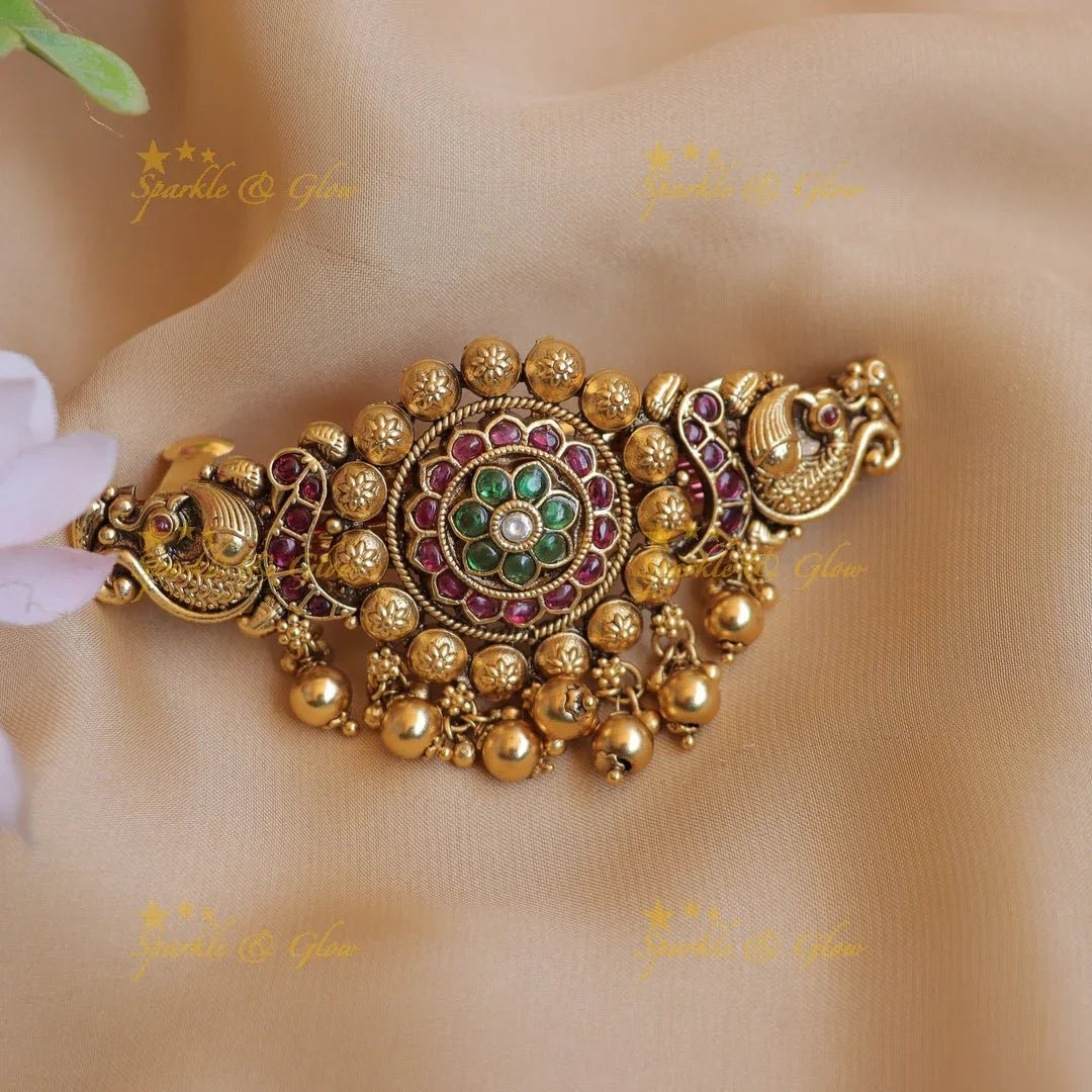 Gracious Dual tone Peacock floral carved kemp Hair clip - Sparkle and Glow