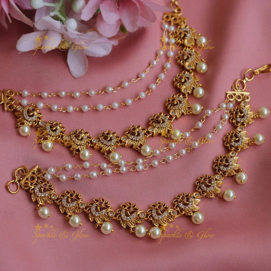 Stunning Peacock design Earchain with AD stones and pearls - Sparkle and Glow