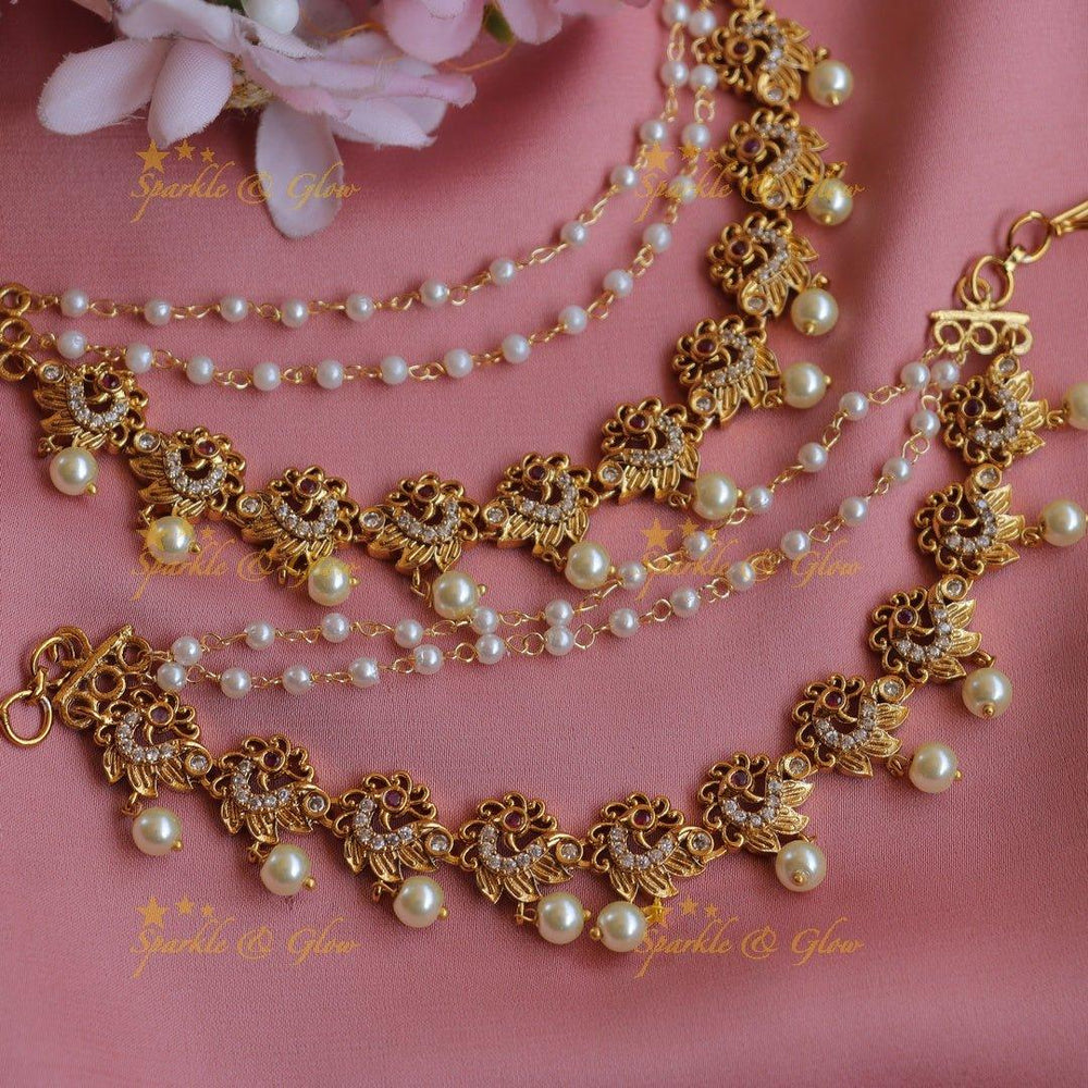 Stunning Peacock design Earchain with AD stones and pearls - Sparkle and Glow