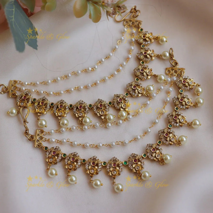 Stunning Flower design CZ Earchain with pearls - Sparkle and Glow