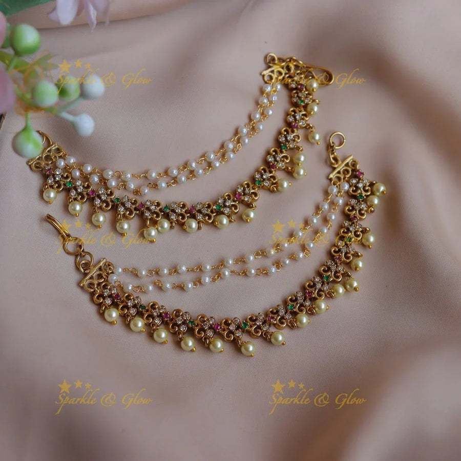 Elegant Leaf Floral design Earchain with AD stones and pearls - Sparkle and Glow