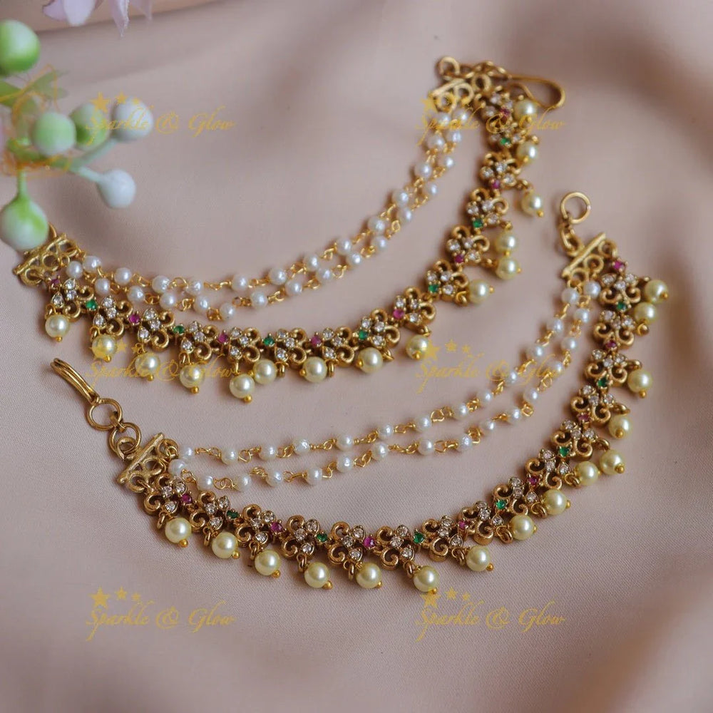 Elegant Leaf Floral design Earchain with AD stones and pearls - Sparkle and Glow