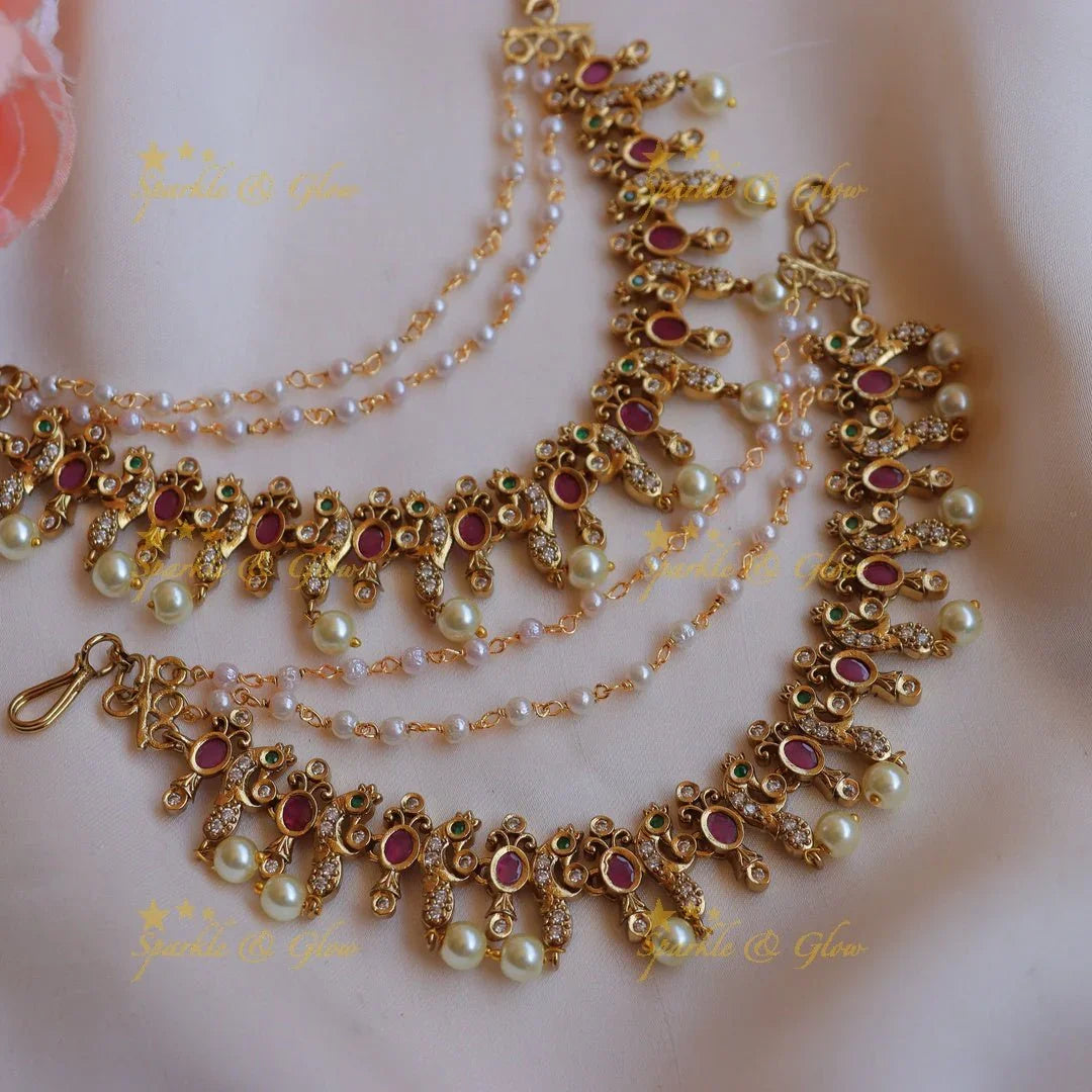 Statement Kemp Peacock Leaf design Earchain with AD stones and pearls - Sparkle and Glow