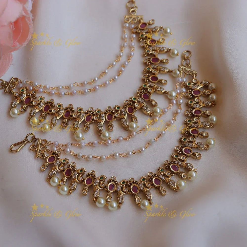 Statement Kemp Peacock Leaf design Earchain with AD stones and pearls - Sparkle and Glow