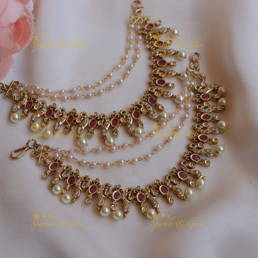 Statement Kemp Peacock Leaf design Earchain with AD stones and pearls - Sparkle and Glow