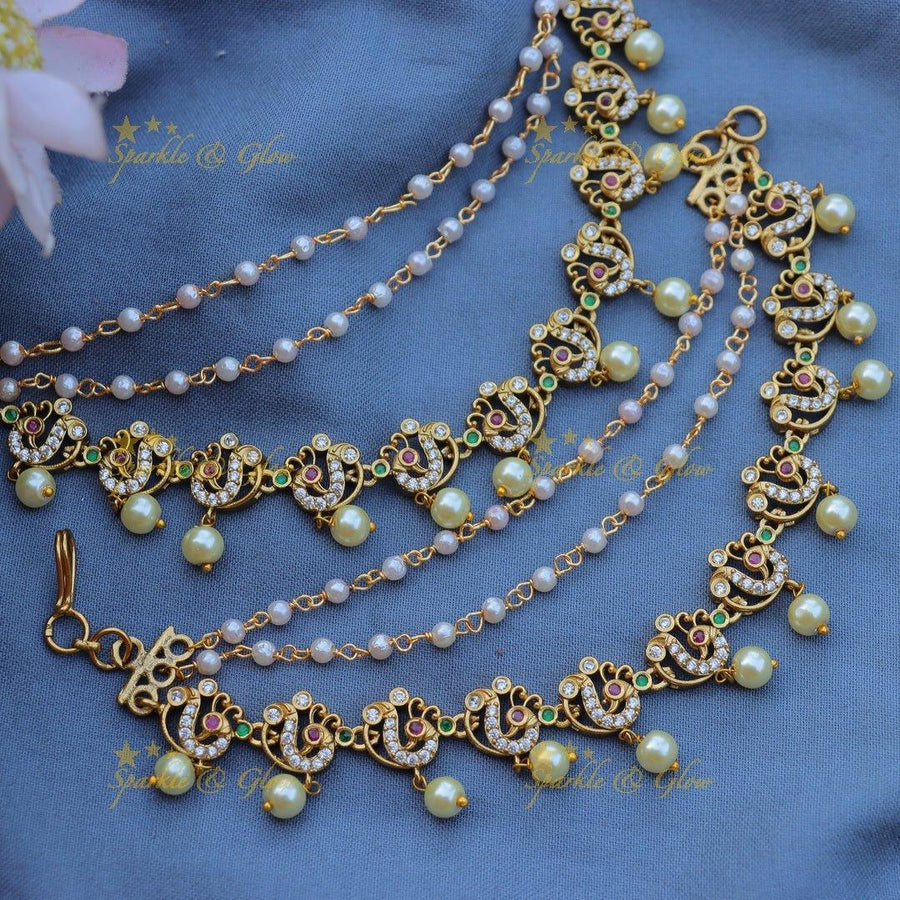 Beautiful Peacock design CZ Earchain with pearls - Sparkle and Glow