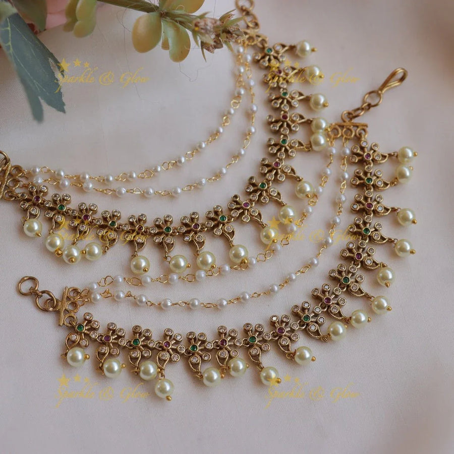 Elegant Flower design Earchain with AD stones and pearls - Sparkle and Glow