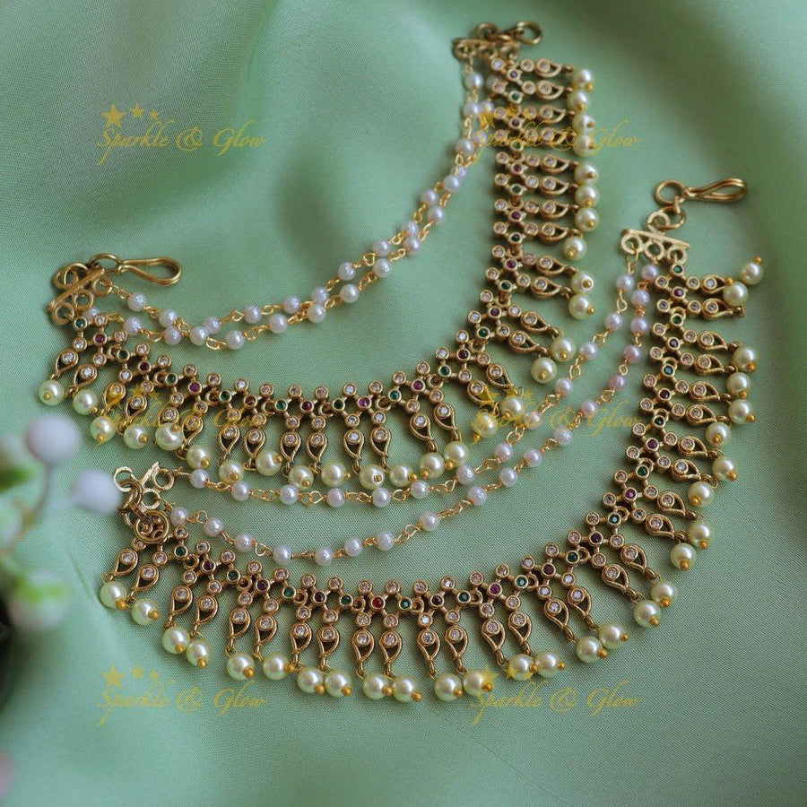 Statement Kemp Floral Mango design Earchain with pearls - Sparkle and Glow