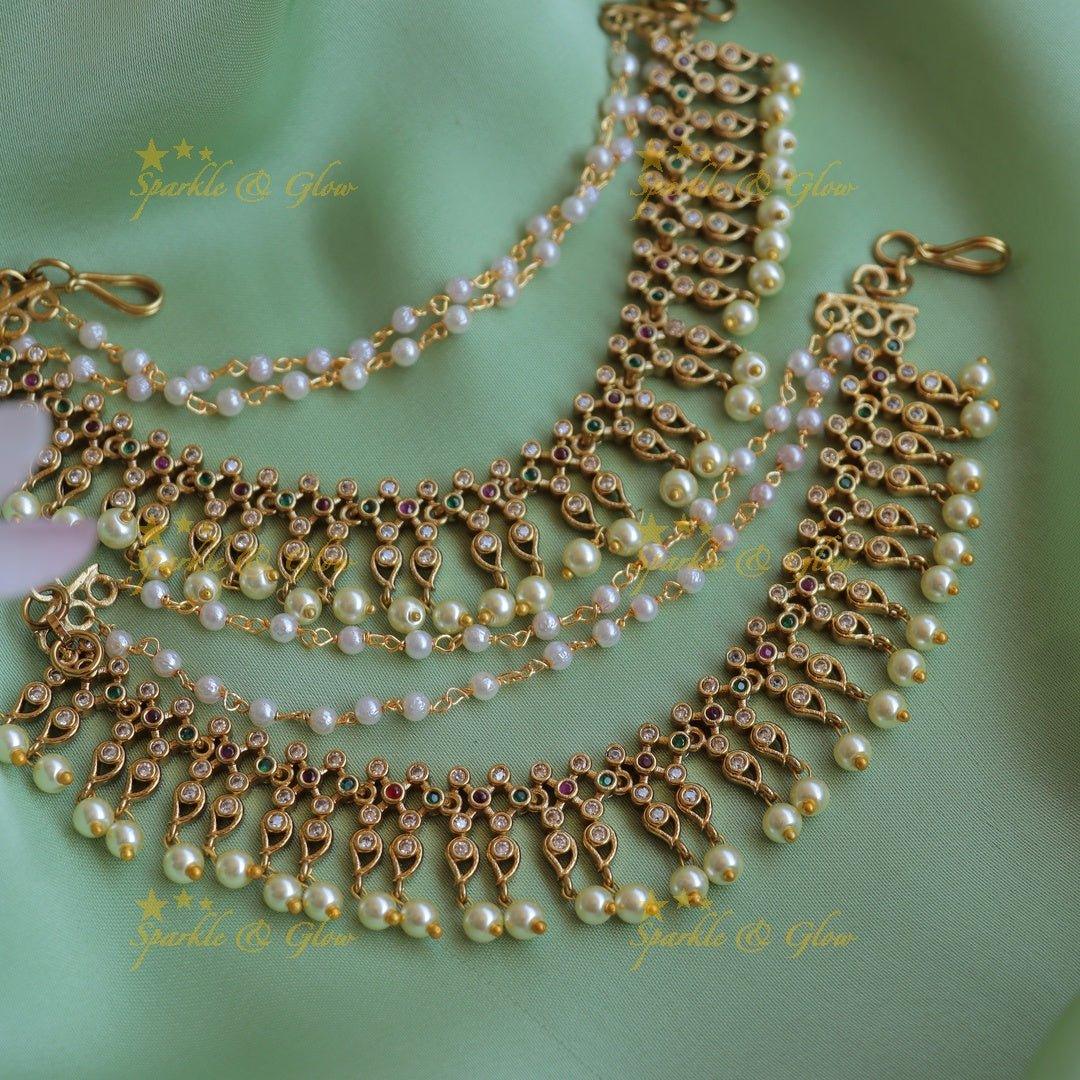 Statement Kemp Floral Mango design Earchain with pearls - Sparkle and Glow