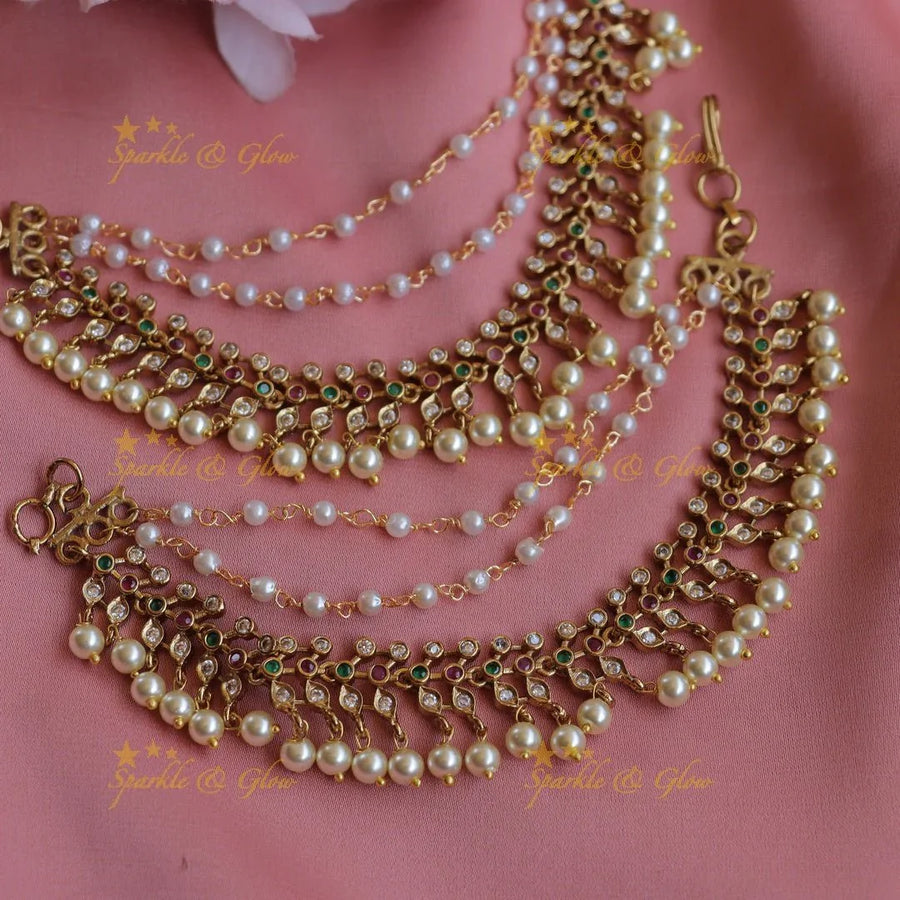 Stunning Kemp Dot and Oval design Earchain with AD stones and pearls - Sparkle and Glow