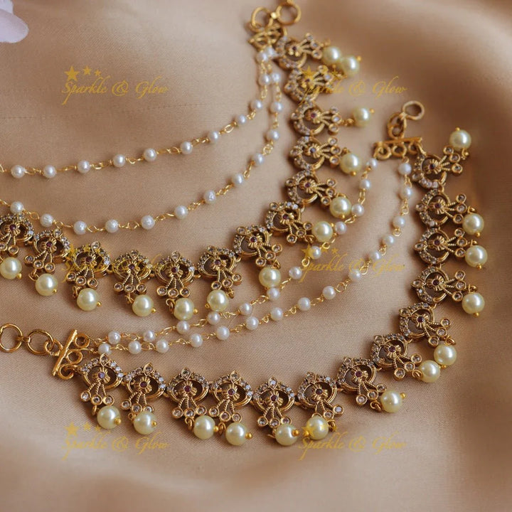 Gracious Crown Floral design Earchain with AD stones and pearls-White - Sparkle and Glow