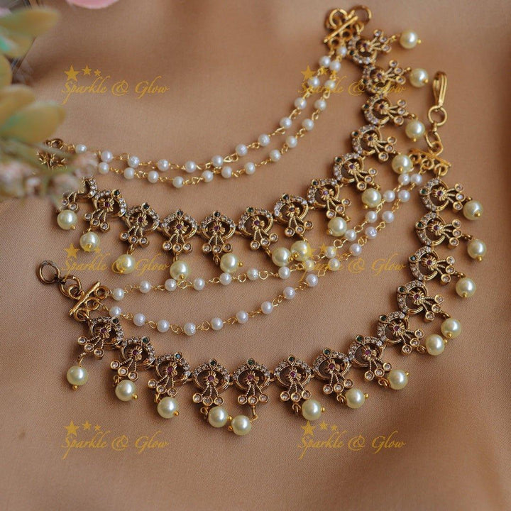 Gracious Crown Floral design Earchain with AD stones and pearls-White - Sparkle and Glow
