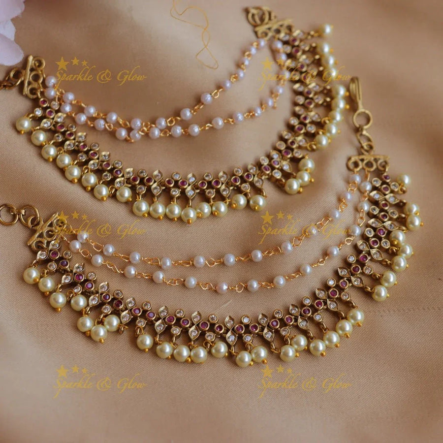 Stunning Kemp Leaf and dot design Earchain with pearls-Ruby - Sparkle and Glow