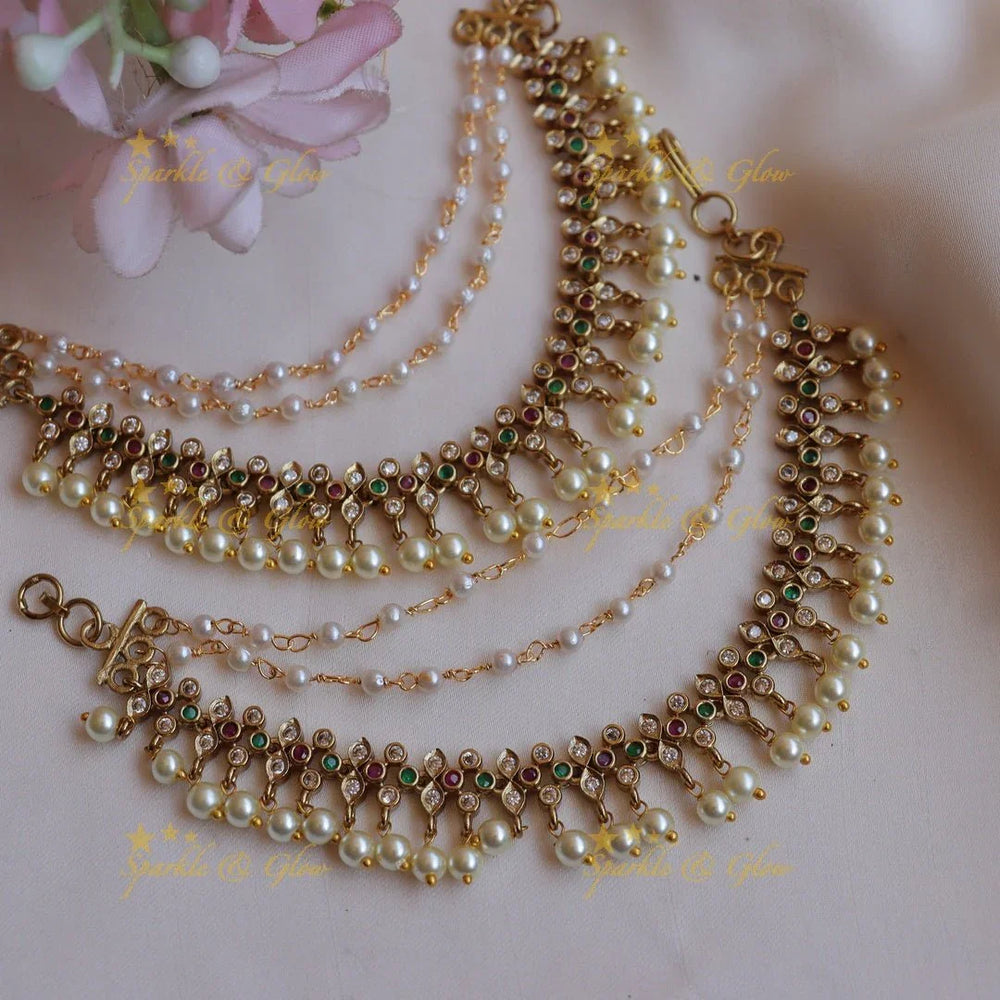 Stunning Kemp Leaf and dot design Earchain with pearls-Ruby - Sparkle and Glow