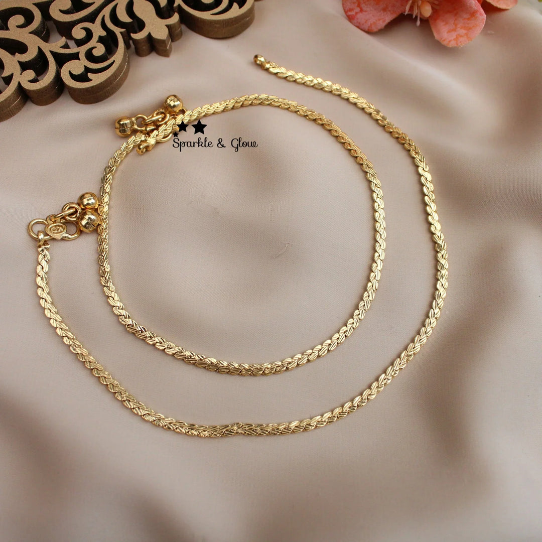 Gold Plated Leaf Design Anklets – Elegant & Traditional Pair - Sparkle and Glow