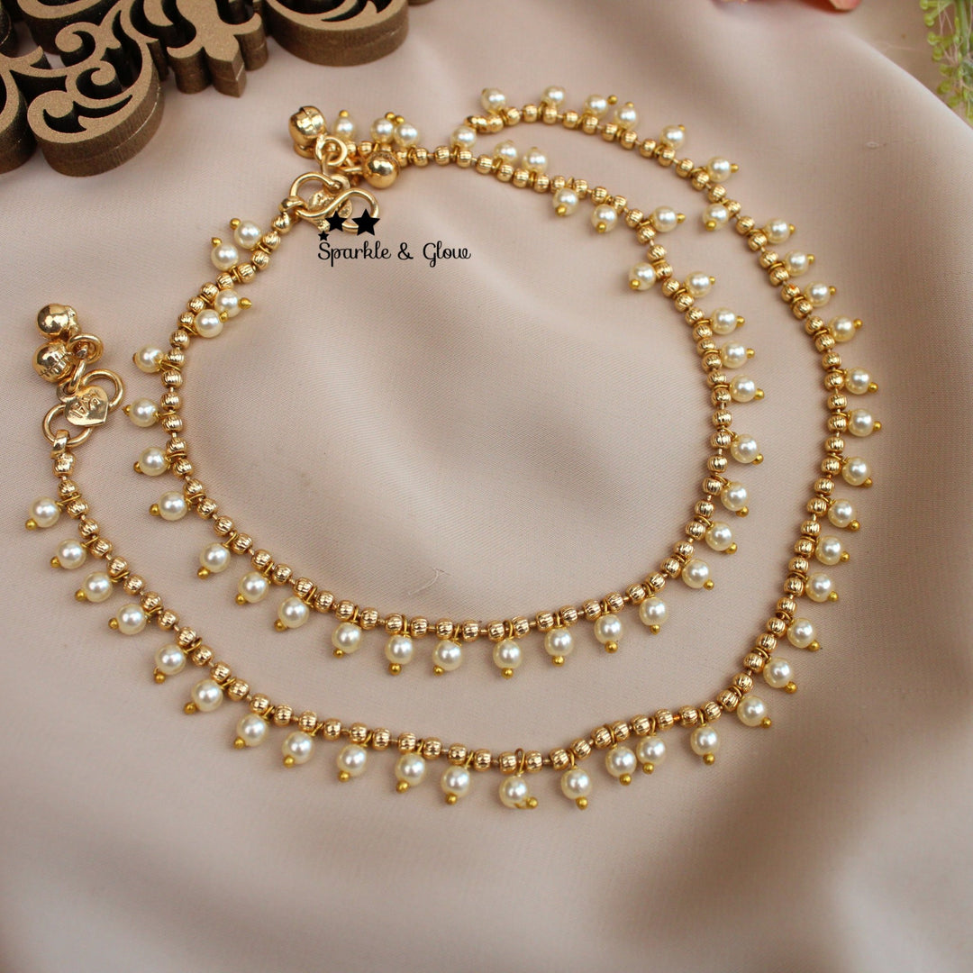 Gold alike Pearl Drop Anklets – Traditional Elegance (Pair) - Sparkle and Glow -