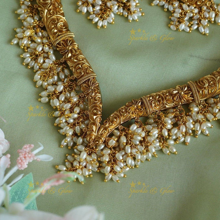 Statement Flower design Hasli short necklace with rice pearls - Sparkle and Glow