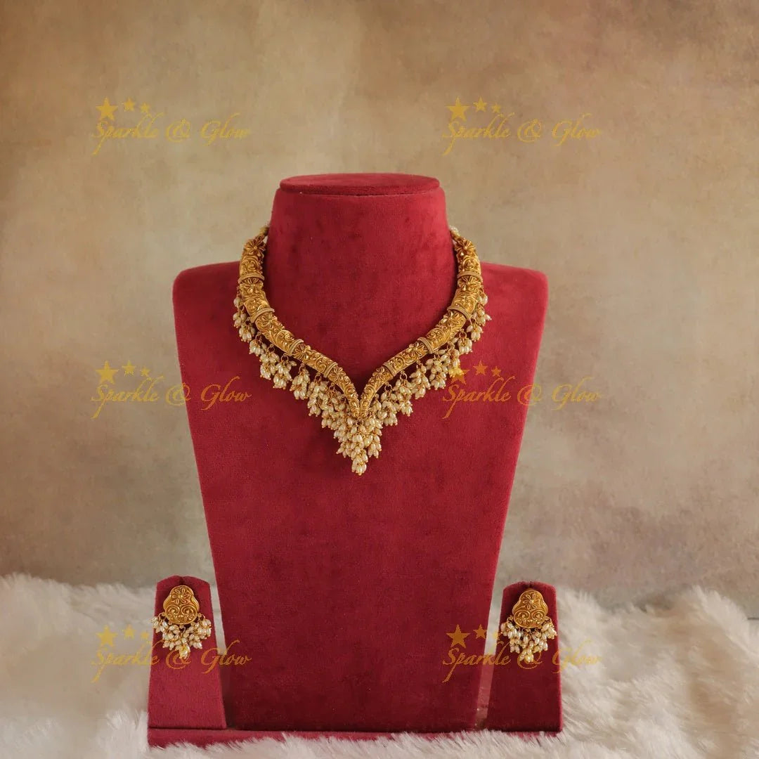 Statement Flower design Hasli short necklace with rice pearls - Sparkle and Glow