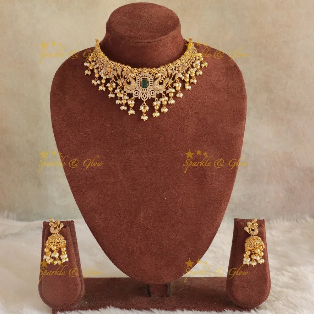 Stunning Cz Peacock Floral Guttapusalu Choker - Sparkle and Glow