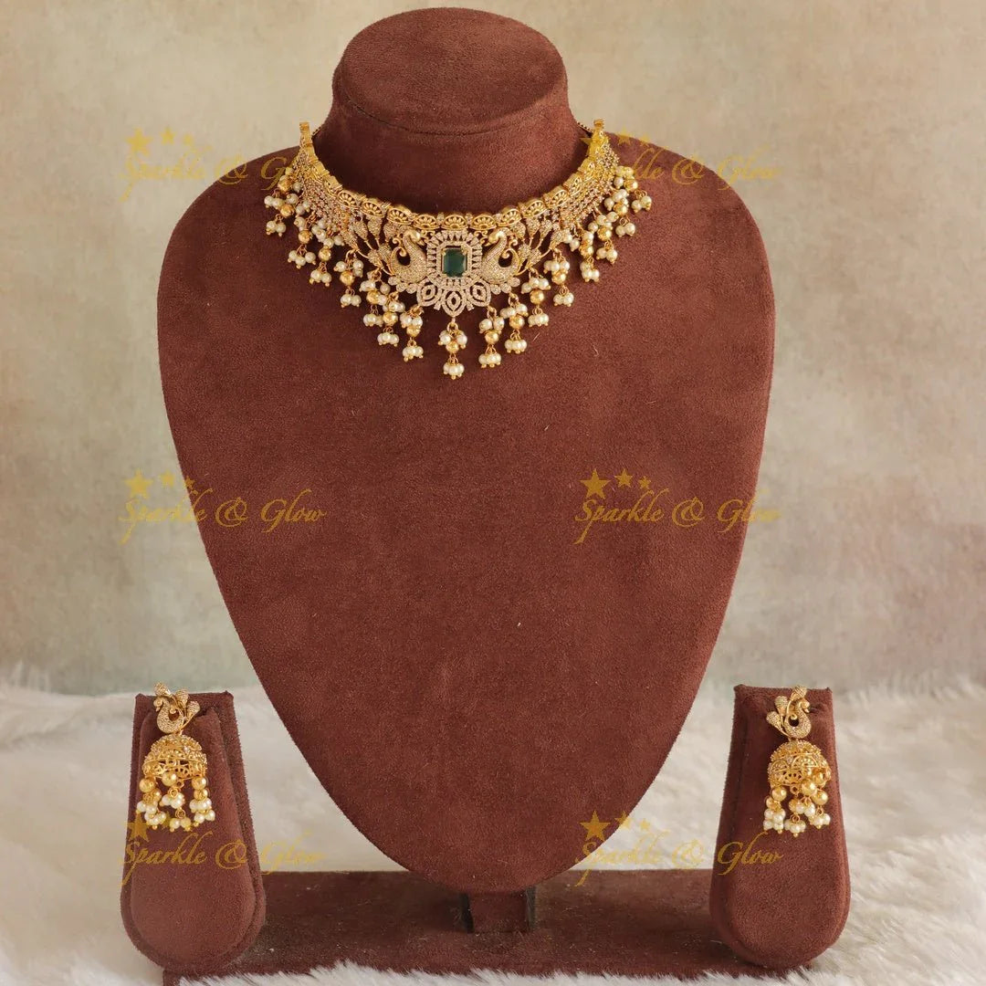 Stunning Cz Peacock Floral Guttapusalu Choker - Sparkle and Glow