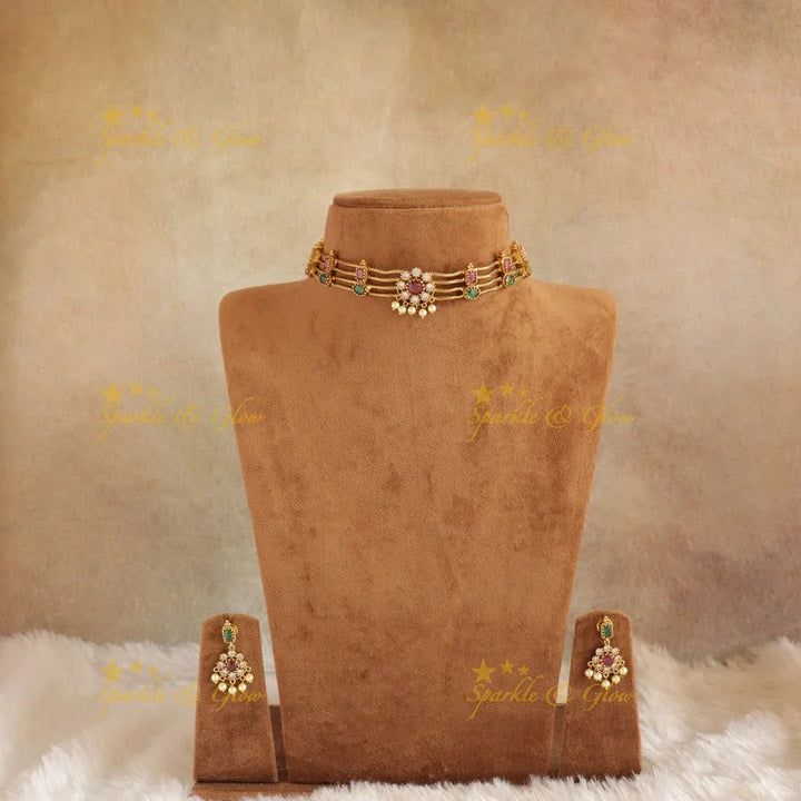 Statement Four layered Floral Choker - Sparkle and Glow