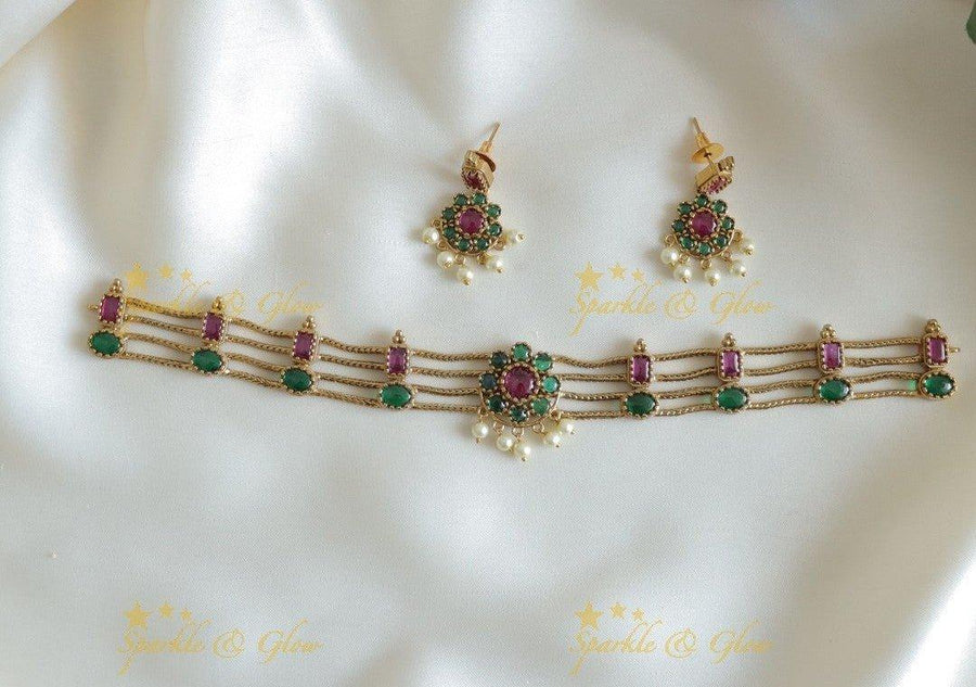 Statement Four layered Floral Choker - Sparkle and Glow