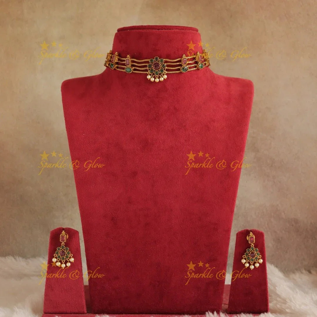 Statement Four layered Floral Choker - Sparkle and Glow