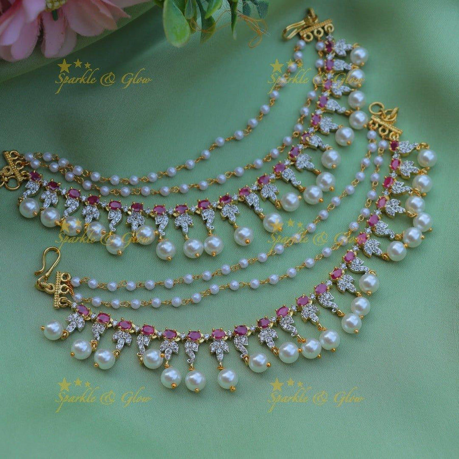 Stunning Leaf design AD Earchain with pearls-Ruby - Sparkle and Glow