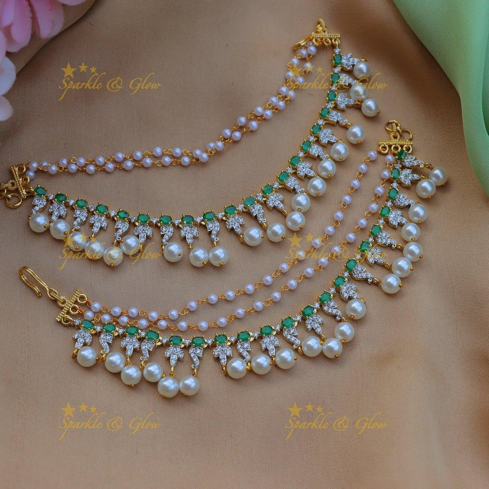 Stunning Leaf design AD Earchain with pearls-Ruby - Sparkle and Glow