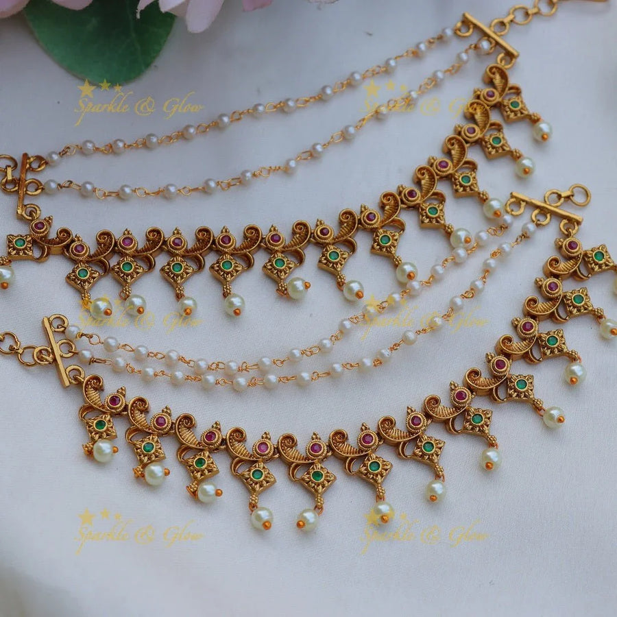 Elegant Peacock Floral Kemp Earchain with pearls - Sparkle and Glow