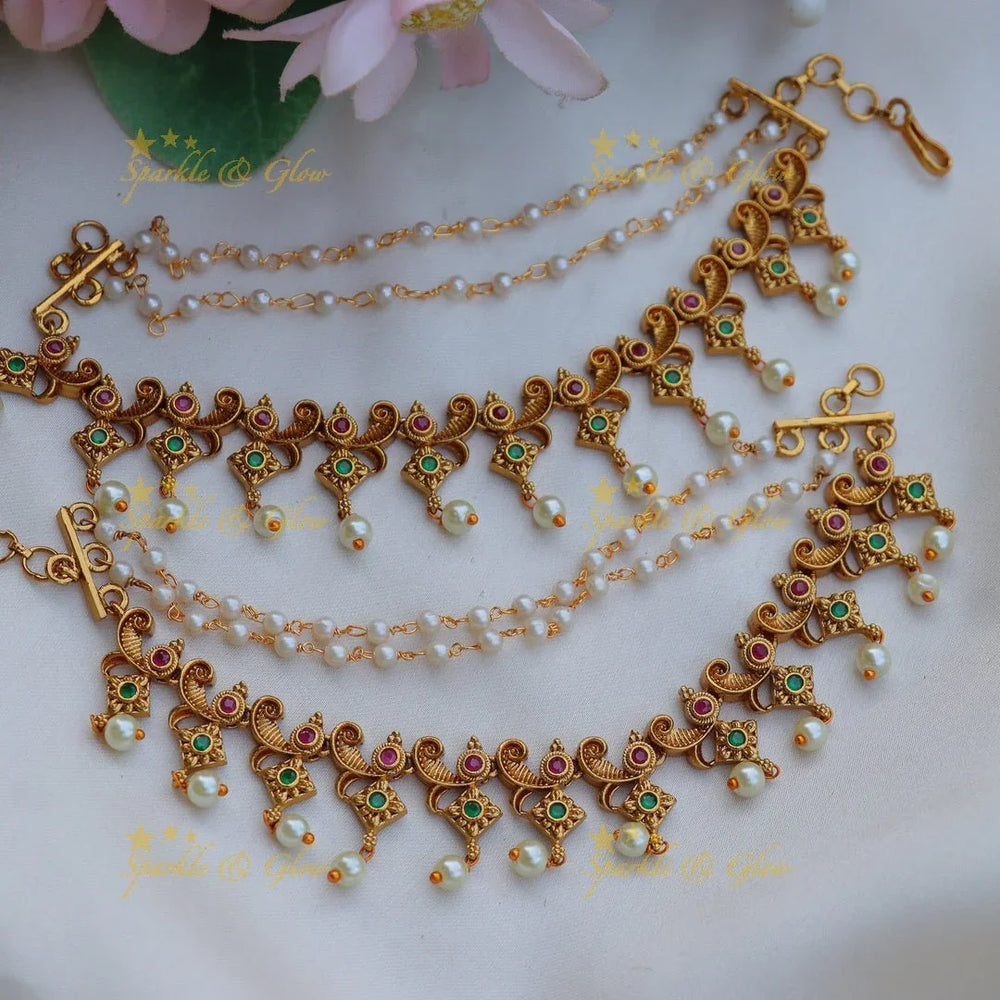 Elegant Peacock Floral Kemp Earchain with pearls - Sparkle and Glow