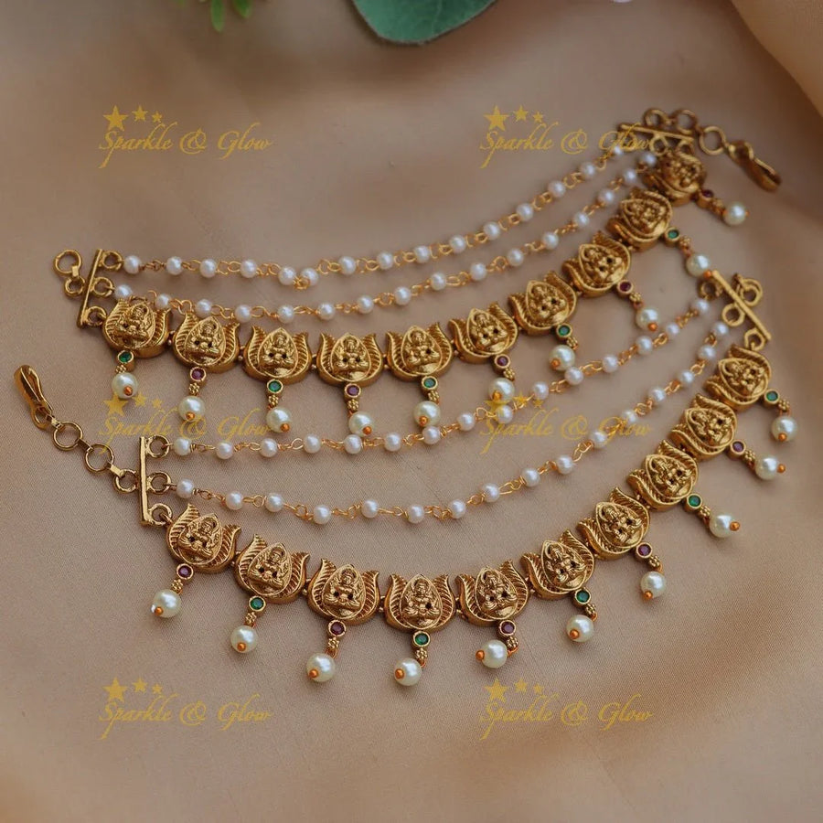 Stunning Idol Lakshmi with Lotus design Kemp Earchain - Sparkle and Glow