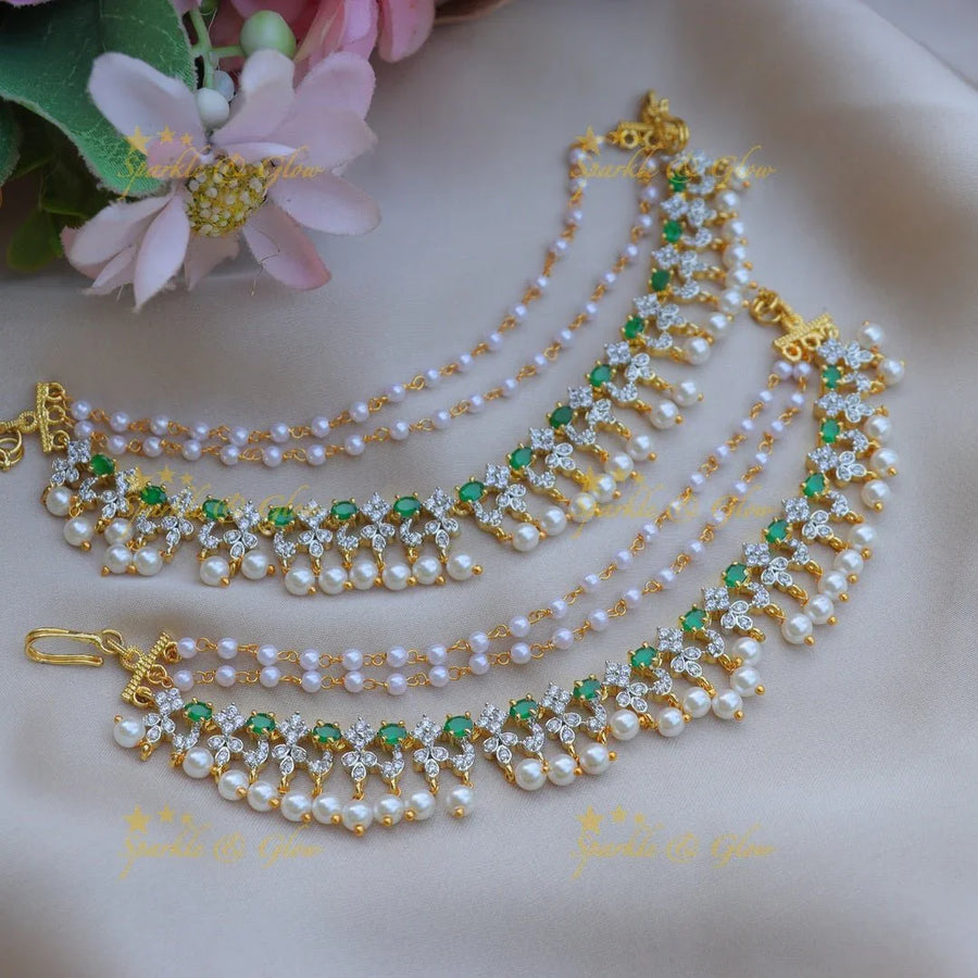 Elegant Floral Leaf design AD Earchain-Green - Sparkle and Glow