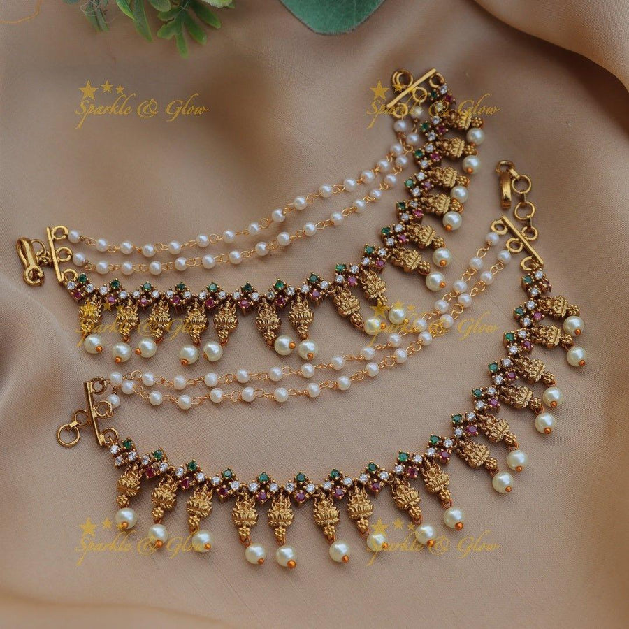 Gracious Idol Lakshmi Floral design Kemp Earchain - Sparkle and Glow