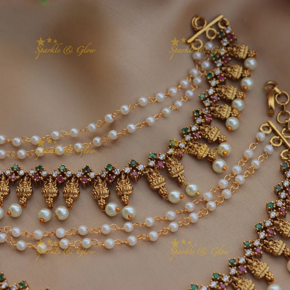 Gracious Idol Lakshmi Floral design Kemp Earchain - Sparkle and Glow