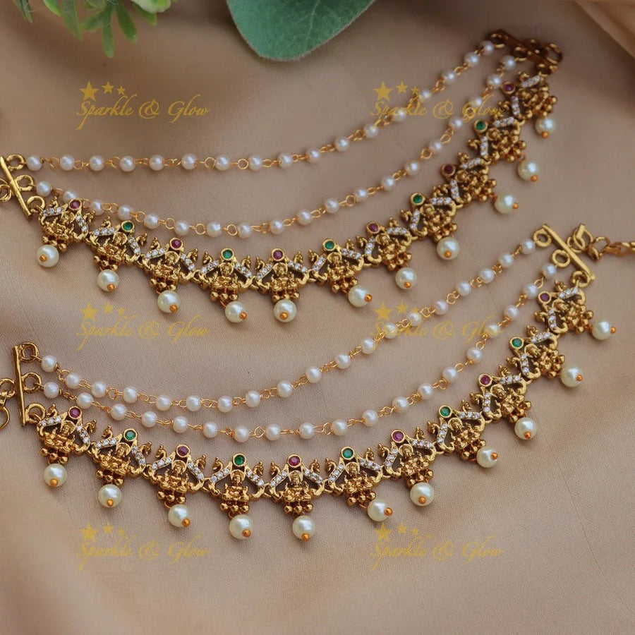 Stunning Idol Lakshmi peacock carved Kemp Earchain - Sparkle and Glow