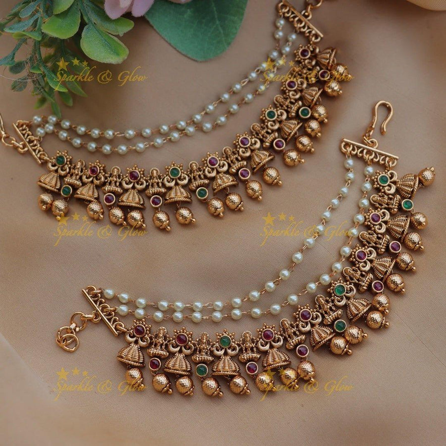 Stunning Idol Lakshmi with Bell design Kemp Earchain - Sparkle and Glow