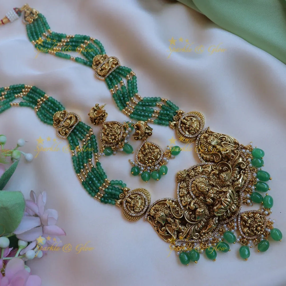 Grand Idol Lakshmi Peacock carved Beaded Haram - Sparkle and Glow