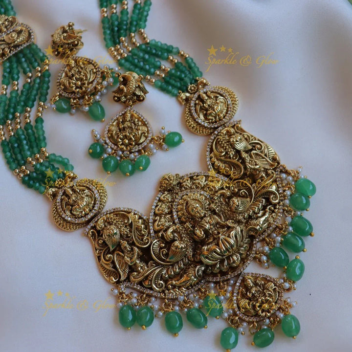 Grand Idol Lakshmi Peacock carved Beaded Haram - Sparkle and Glow